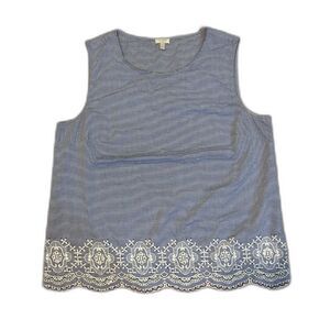Talbots Blue & White Striped Lace Hem Sleeveless Tank Top